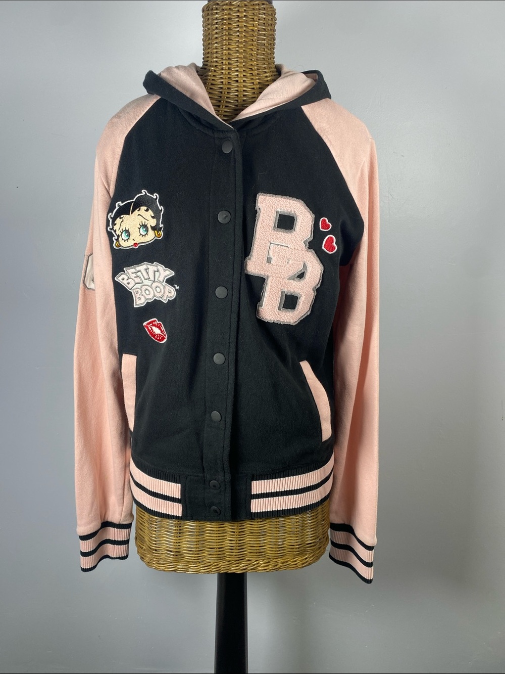 Betty Boop Black & Pink Hooded Varsity Patch Jacket